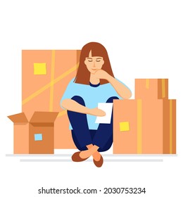 A Thoughtful Girl Is Sitting On The Floor And Looking At A Piece Of Paper. Packaging Boxes Are Standing Nearby. Moving To A New House, Packing And Checking The List Of Things. Vector Illustration