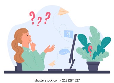 Thoughtful girl is sitting at a table in front of a computer. There are question marks in front of her. Young woman is thinking about solving the problem. Vector illustration in flat style