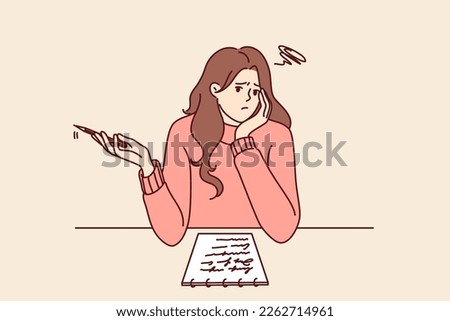 Thoughtful girl sitting at table thinking about what to write in essay given by teacher in university. Thoughtful woman using notepad to make checklist and plan for day to increase productivity 