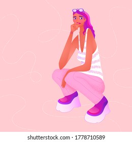Thoughtful girl sitting. Vector illustration for logo, branding, banner, poster, character design