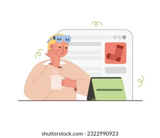 Thoughtful girl in sleep mask with cup in hand choosing socks online. Young people making purchases over internet. Digital environment and mobile applications for shopping. Vector