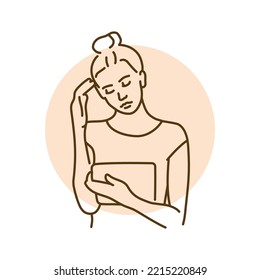 Thoughtful girl studies on a tablet color line illustration