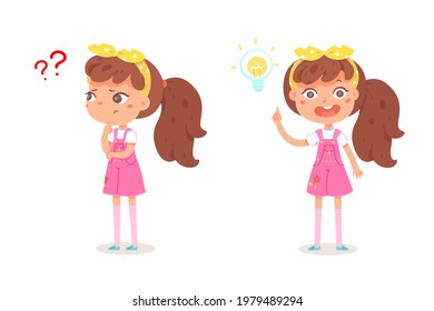 Thoughtful girl thinking and getting idea. Little pensive child standing with question and receiving answer or solution to problem vector illustration. Cute kid on white background.