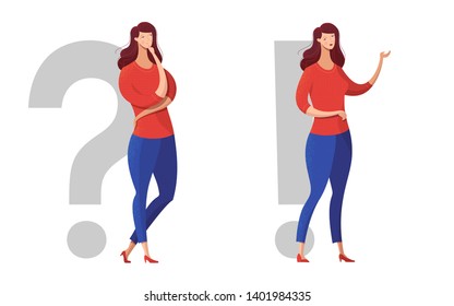 Thoughtful girls flat vector characters set. Question and answer, problem and solution metaphorical illustration. Young ladies, women making decision. Female person offering options, way-out