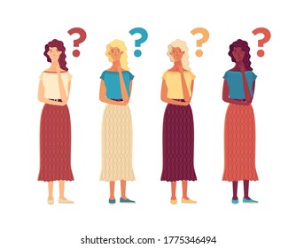 Achtsame Mädchen flache Vektorgrafiken setzen. Frage und Problem Cartoon Illustration. Junge Frauen, die Entscheidungen treffen. Verletzliche Damen im Zweifel mit Hand auf Kinngeste. Vier Variationen.