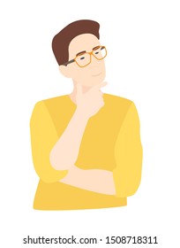 thoughtful guy with glasses, smart man solving a problem, in yellow clothes, flat cartoon vector