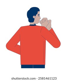 Thoughtful guy raising hand to mouth in reflective pose 2D cartoon character. Decision-making, problem-solving corporate man isolated person flat vector on white background. Spot illustration colorful