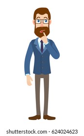 Thoughtful Hipster Businessman standing with his finger to his lips. Full length portrait of Cartoon Hipster Businessman Character. Vector illustration in a flat style.