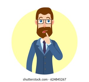 Thoughtful Hipster Businessman standing with his finger to his lips. Portrait of Cartoon Hipster Businessman Character. Vector illustration in a flat style.