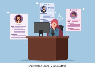 Thoughtful HR Manager Reviewing Job Applications and Resumes on a Computer, Considering Candidates for Open Positions in a Modern Office Setting.