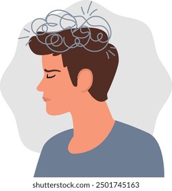 A thoughtful illustration depicting a person with closed eyes, overwhelmed by tangled thoughts symbolizing anxiety and stress. Ideal for content related to mental health.