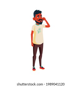 thoughtful indian guy waiting test result cartoon vector. thoughtful indian guy waiting test result character. isolated flat cartoon illustration