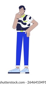Homem indiano ponderado em negrito camisa abstrata esfregando queixo 2D personagem de desenho animado. Tomada de decisões. Sudoeste asiático em roupa moderna vetor plano pessoa isolado em branco. Ilustração especial colorida
