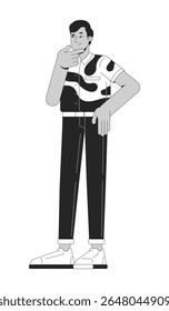 Homem indiano ponderado em negrito camisa abstrata esfregando queixo 2D personagem linha. Tomada de decisões. Sudoeste asiático em roupas modernas isolado vetor tinta contorno pessoa. Ilustração de ponto monocromático