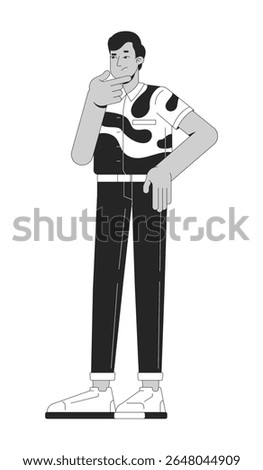 Thoughtful indian man in bold abstract shirt rubbing chin 2D line character. Decision making. South asian guy in modern clothing isolated vector ink outline person. Monochromatic spot illustration
