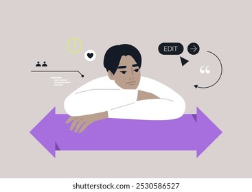 A thoughtful individual leans on a large arrow, reflecting on choices, Surrounding them are digital symbols, emphasizing the blend of human emotion and technology in today's world