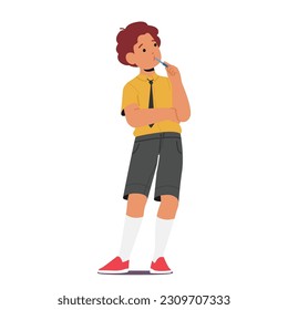 Thoughtful And Introspective School Boy Character Gazes Into The Distance, Lost In Contemplation. Distant Expression Reveal A Mind Deep In Thought And Reflection. Cartoon People Vector Illustration