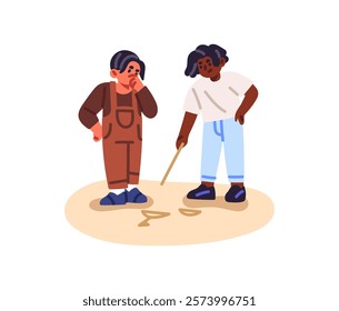 Thoughtful kids drawing with stick on sand. Pondering children have fun on beach. Little friends, cute boys play together outdoors. Interracial friendship. Flat isolated vector illustration on white