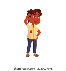 thoughtful little boy choosing a present for mother cartoon vector. thoughtful little boy choosing a present for mother character. isolated flat cartoon illustration