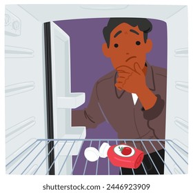 Thoughtful Male Character, Engulfed By The Stark Emptiness Of His Fridge, Rummages With A Hopeful Gaze, Searching For A Semblance Of Sustenance Amidst The Barren Shelves. Cartoon Vector Illustration