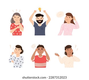 Thoughtful Male and Female Thinking and Figuring Something out Half Length Vector Illustration Set