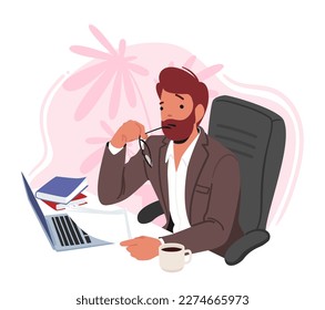 Thoughtful Male Teacher Character With Laptop, Engrossed In Reading Paper With Glasses In Hand. Professional Tutor in Educational or Analysis Process at Workplace. Cartoon People Vector Illustration
