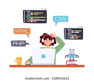 Thoughtful male teenager online learning coding at home. Boy studying web development. Programming and robotics classes, informatics lessons for children. Kids coding vector illustration