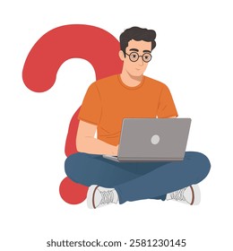 Thoughtful Male Using Laptop, Question Symbol Above, Vector Illustration for Presentation, Research, and Questionnaire-Themed Slides
