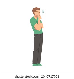 Thoughtful Man Character with Hand on Chin and Question Mark Thinking Over the Matter Vector Illustration