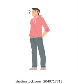 Personaje y cuestionamiento del hombre reflexivo reflexionando sobre la ilustración del vector del asunto
