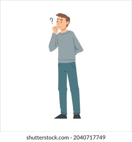 Thoughtful Man Character and Question Mark Thinking Over the Matter Vector Illustration