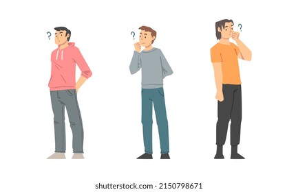 Thoughtful Man Character and Question Mark Thinking Over the Matter Vector Illustration Set