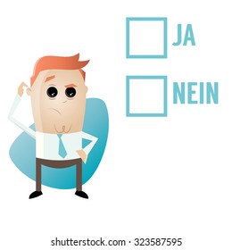 thoughtful man and checkboxes with german words meaning yes and no