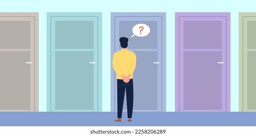 Thoughtful man choose door for entered. Choice problem, thinking business person. Resolve and decide, hard solution in life vector concept