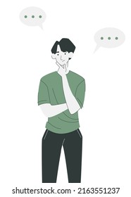 Thoughtful man is discussing the issue. Gesture "thinking".  Isolated illustration of young man. Dialogue clouds. Vector illustration