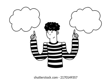 Thoughtful man doodle vector illustration. Person thinking or making decision isolated on white. Choice. Options to choose from.