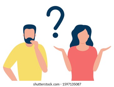 Thoughtful man and doubting woman with question mark. People solve problem, choose solution. Concept of dispute, conflict, deadlock. I do not know. Vector flat design illustration