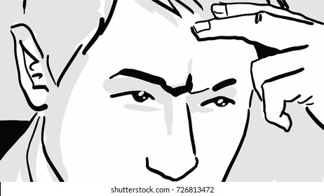 A thoughtful man are looking closely before him black and white vector sketch. The man thinking and supporting the head with the hand, simple drawing. A serious man. Headshot. 