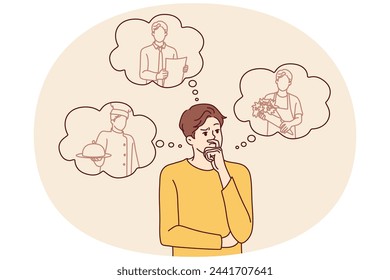 Thoughtful man making choice between different professions after graduating from school, considering what education to get. Guy student age chooses path to develop career skills. Flat vector image