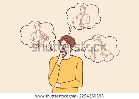 Thoughtful man making choice between different professions after graduating from school, considering what education to get. Guy student age chooses path to develop career skills. Flat vector image 