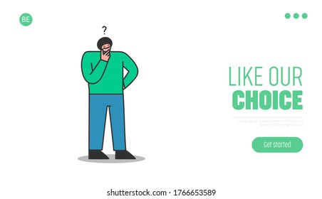 Thoughtful man making choice. Template landing page for decision concept element. Confused pensive male cartoon standing under question mark and make solution. Flat vector illustration