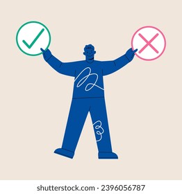 Thoughtful man is making a decision. Business decision right or wrong. Colorful vector illustration