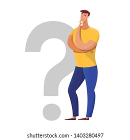 Thoughtful man making decision flat illustration. Doubtful boy with hand on chin isolated character. Male expert, specialist standing near question mark. Choosing options, finding answers metaphor