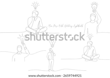 Thoughtful Man Pose With Holding Lightbulb Minimalist Brainstorming Idea Icon Concept Continuous One Line Drawing Editable Stroke