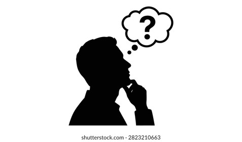 A thoughtful man with a question mark in a thought bubble depicted as a black and white silhouette
