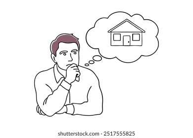 Thoughtful man reflects on the prospect of buying a house continuous black line art isolated flat vector illustration on white background