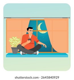A thoughtful man sits by the window at night with the crescent moon shining outside, enjoying a cup of hot coffee. Young thoughtful man concept.