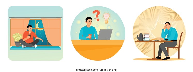 A thoughtful man sits by the window enjoying a cup of hot coffee. Sitting at a desk with a laptop, expressing confusion. Sits at a desk with books, coffee, and a teapot. Young thoughtful man concept.