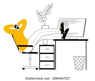 Un hombre reflexivo está sentado en una computadora en el área de trabajo de la oficina. Ilustración vectorial en estilo offline sobre el tema del trabajo de oficina y reflexiones en el lugar de trabajo.