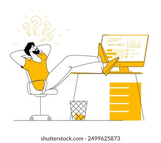 A thoughtful man is sitting in office distracted from computer work. Vector concept of office work and problem solving.
